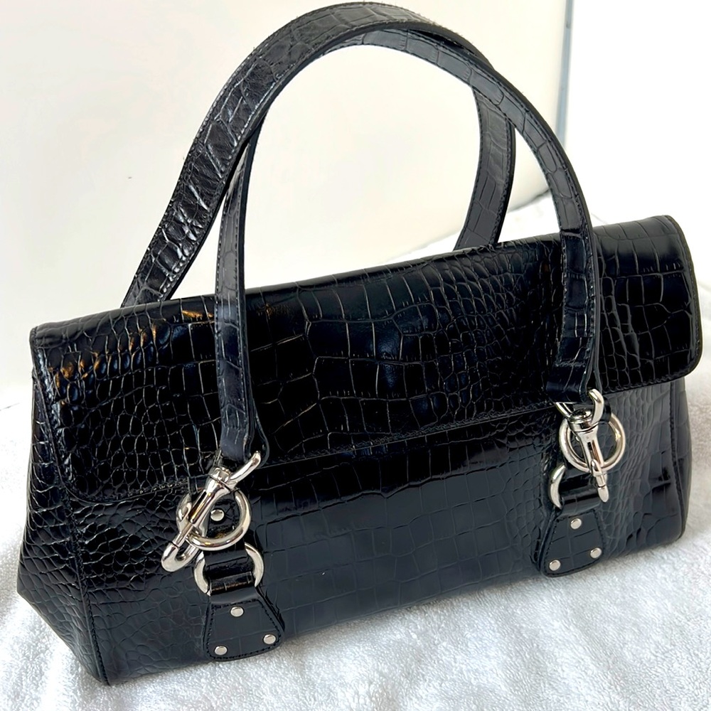 Lauren Crocodile Black Leather Satchel